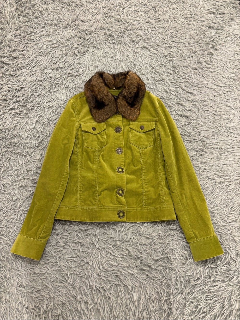 Tribal Women’s Size 6 Green Micro Corduroy Faux Fur Collar Trucker Jacket Y2K